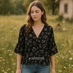 Ro & De Black Floral Chiffon Ruffle Blouse V Neck 3/4 Bell Sleeve Top Size XS